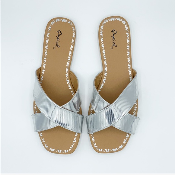 Silver Metallic Criss Cross X Slide Sandals Flat Slip On Summer Shoes - Picture 3 of 8